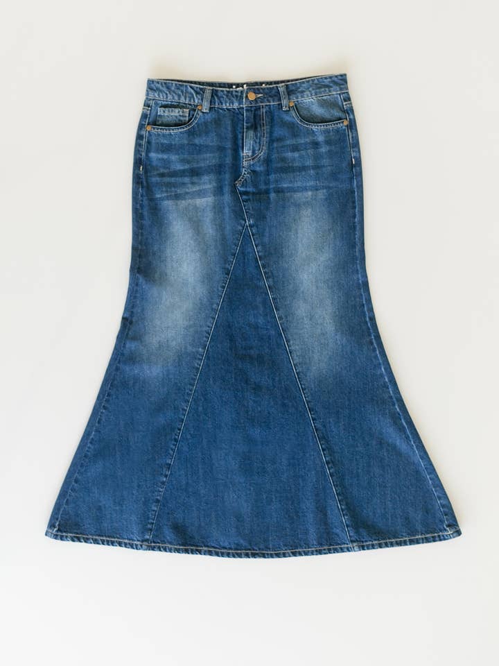Jennifer A-Line Long Denim Skirt for wholesale by Inherit Clothing Company
