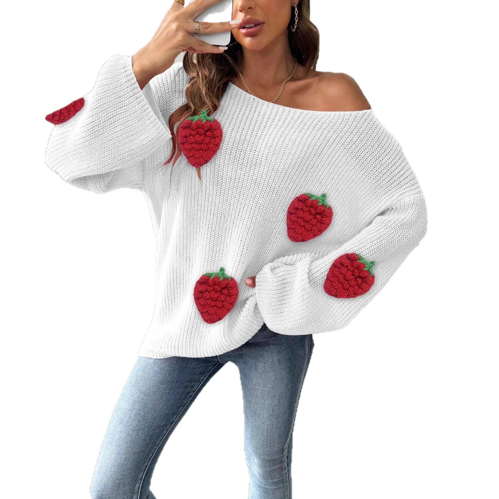 Masyal - Wholesale Knit Sweater - Women's - Off-shoulder Women's Sweater with 3D Strawberry Patchwork6