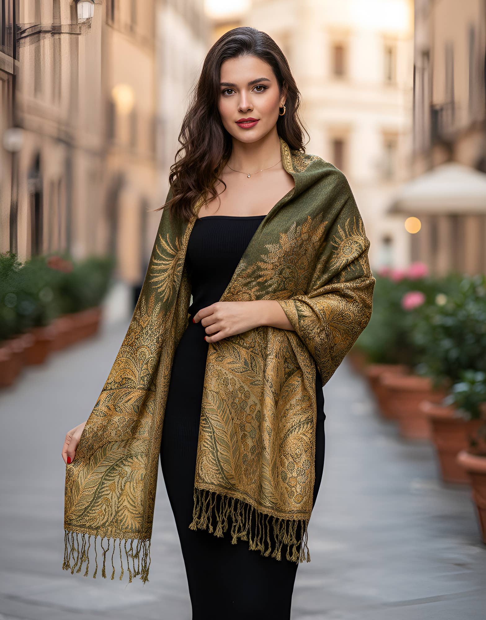 SERENITA – wholesale Halsduk - Dam – Stor paisley pashmina-sjal med tvåsidigt mönster och fransar10