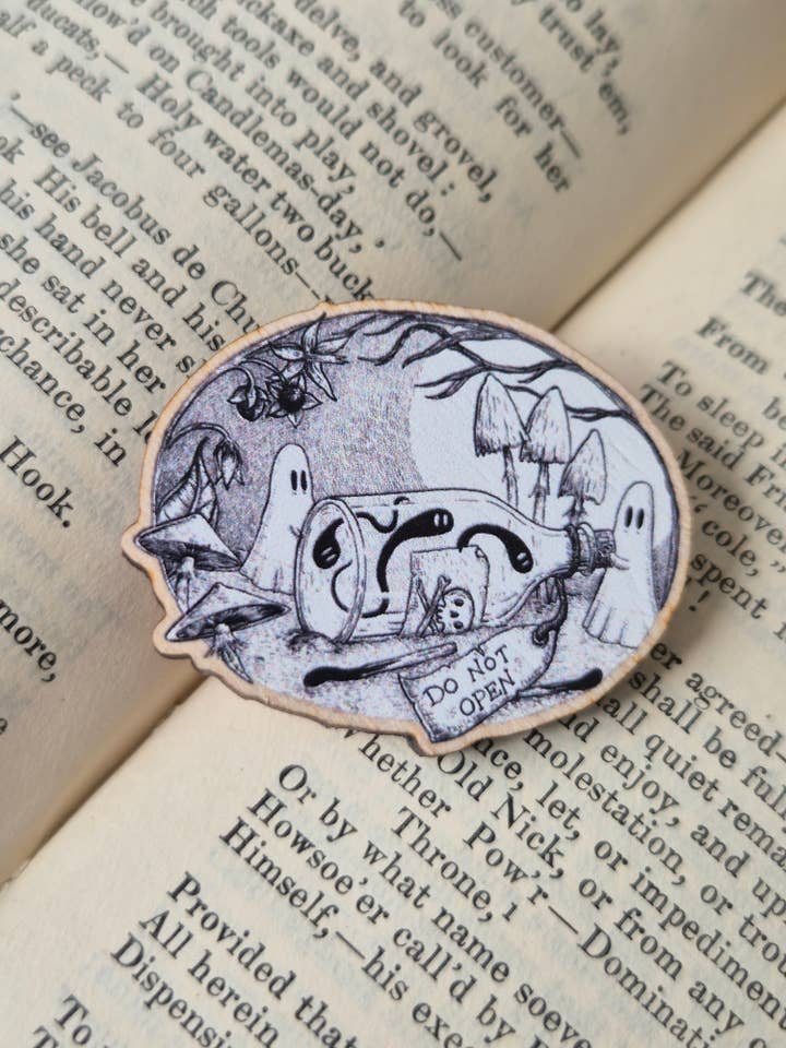Bottled Up Ghosts Wooden Pin Badge for wholesale by Jon Turner Illustration