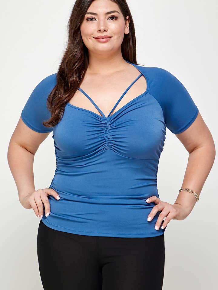 Plus Size Sweetheart Neck Ruched Top WG18069-T for wholesale by Haute Fox Plus Size & Contemporary