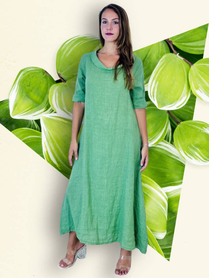 Linen & More – Vestido - Mulher por atacado – REF 25812 VESTIDO COMPRIDO DECOTE BARCO LINHO 100%10