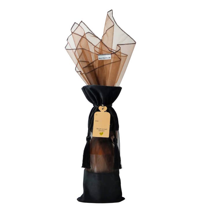 Black Velvet Wine Bags — Case of 12 — Bronze Organza, Tassel for wholesale by Beauty Blisss