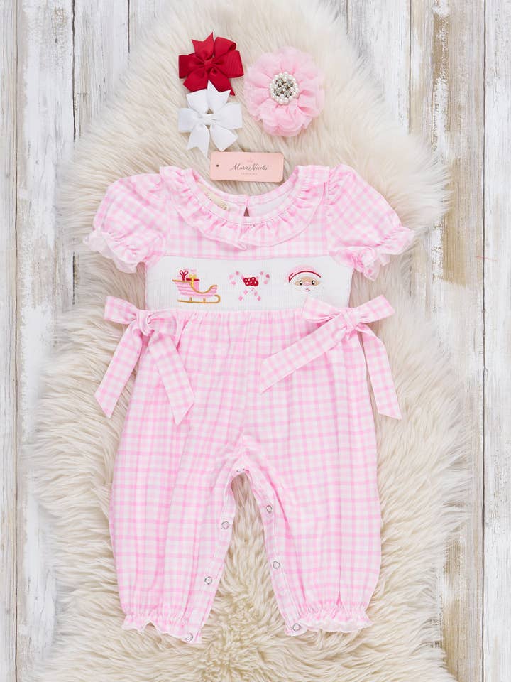 Marie Nicole Clothing - Wholesale Jumpsuit - Baby - Pink Christmas Eve Smocked Plaid Romper0