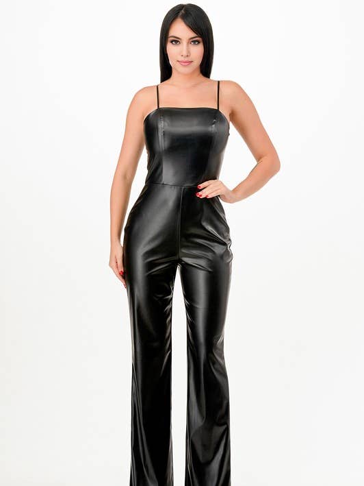 A2910-Faux Leather Flared Leg Jumpsuit for wholesale by April Moon