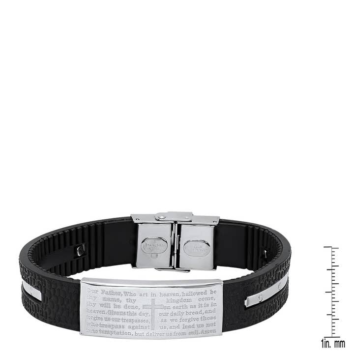 Steeltime NYC - Wholesale Bangle Bracelet - Black Rubber And Stainless Steel Our Father Prayer Ridged Bracelet2