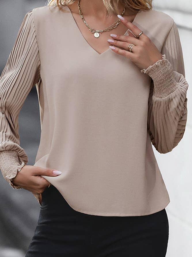 Smocked Sleeves V Neck Khaki Top BFZY659 for wholesale by UNISHE