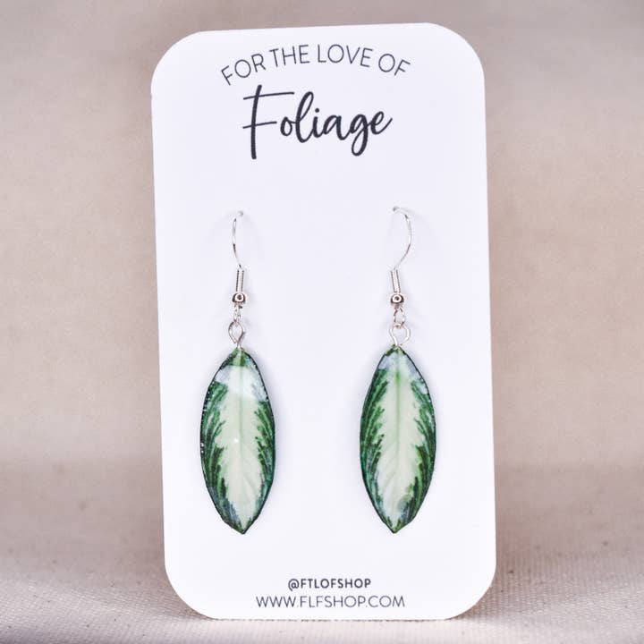For the Love of Foliage - Wholesale Dangle Earrings - Aglaonema "Silver Bay" Plant Earrings | Leaf Earrings