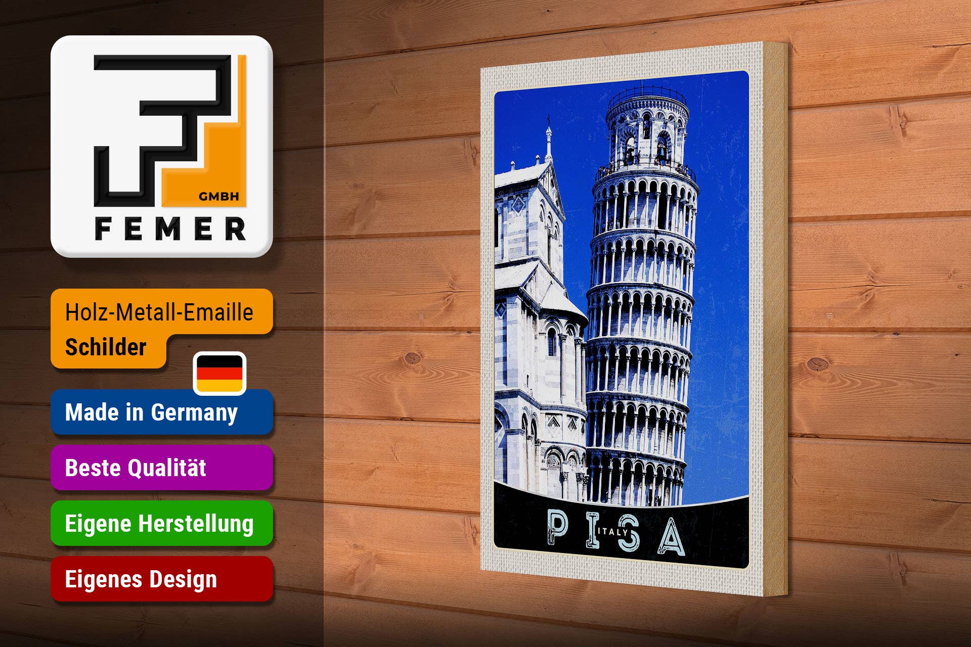 Femer - Wholesale Sign - Pisa Italy Lean Tower of Pisa Wooden Sign 20x30cm2