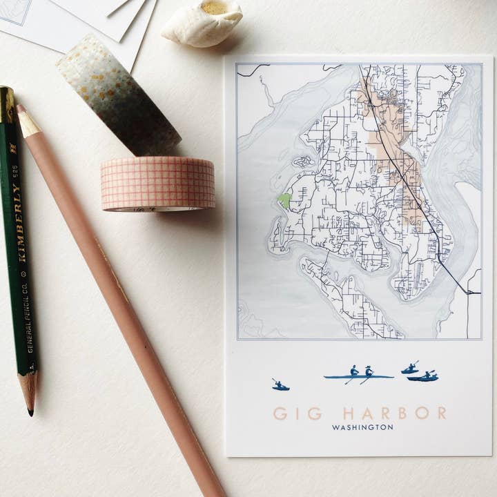 GIG HARBOR Washington Rowers Map Postcard for wholesale by Turn-of-the-Centuries