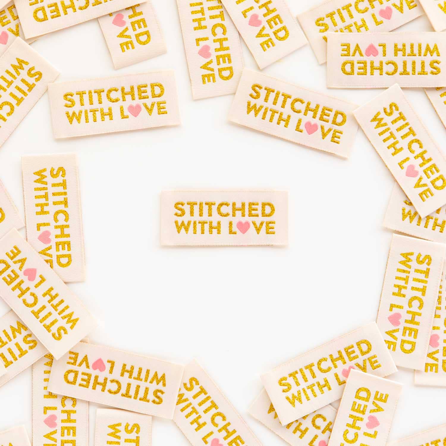 Sarah Hearts - Wholesale Craft Supplies - Stitched with Love - Gold Sewing Woven Clothing Label Tags1
