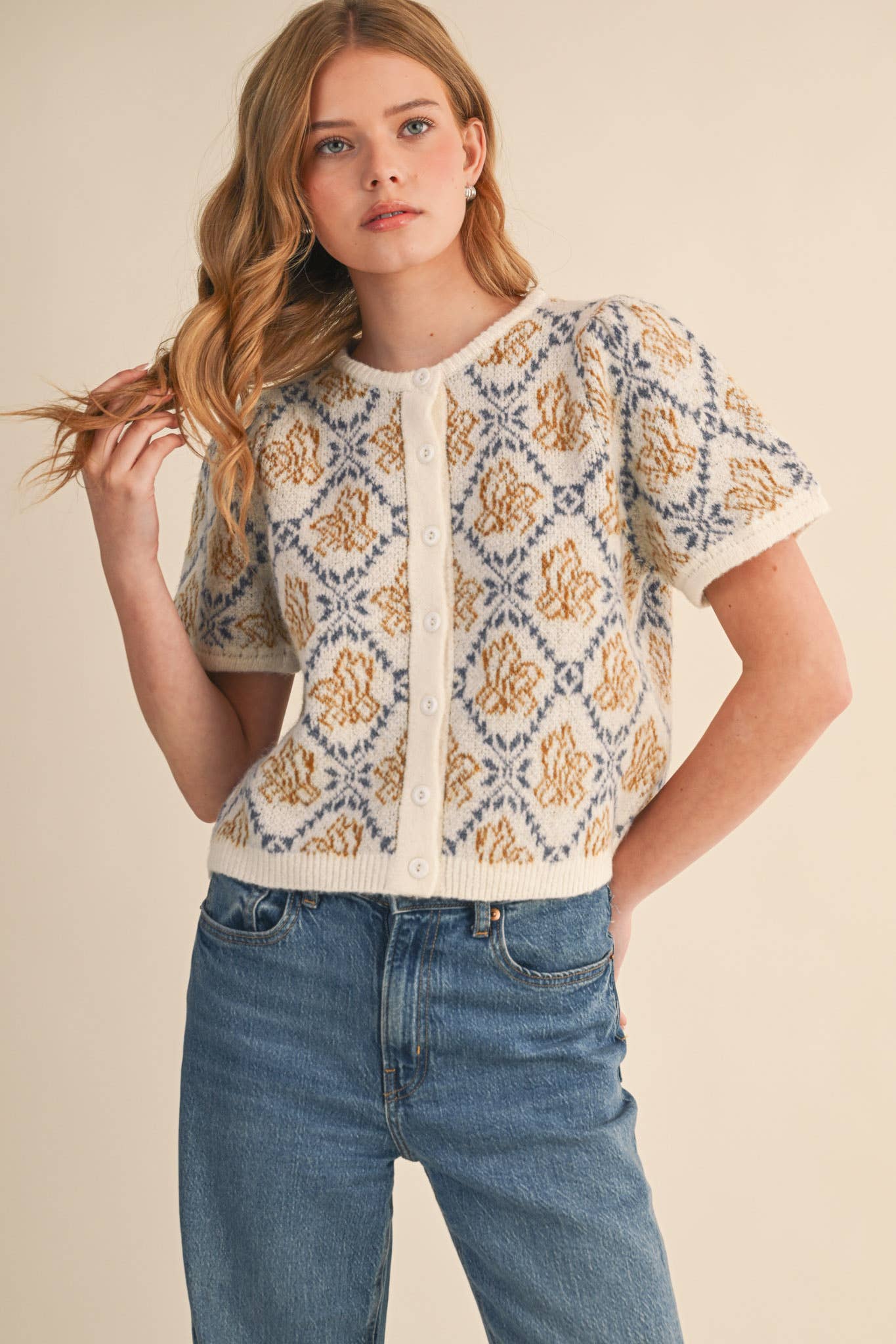 &MERCI - Wholesale Cardigan - Women's - FLORAL SHORT SLEEVE SWEATER CARDIGAN MSW1125815