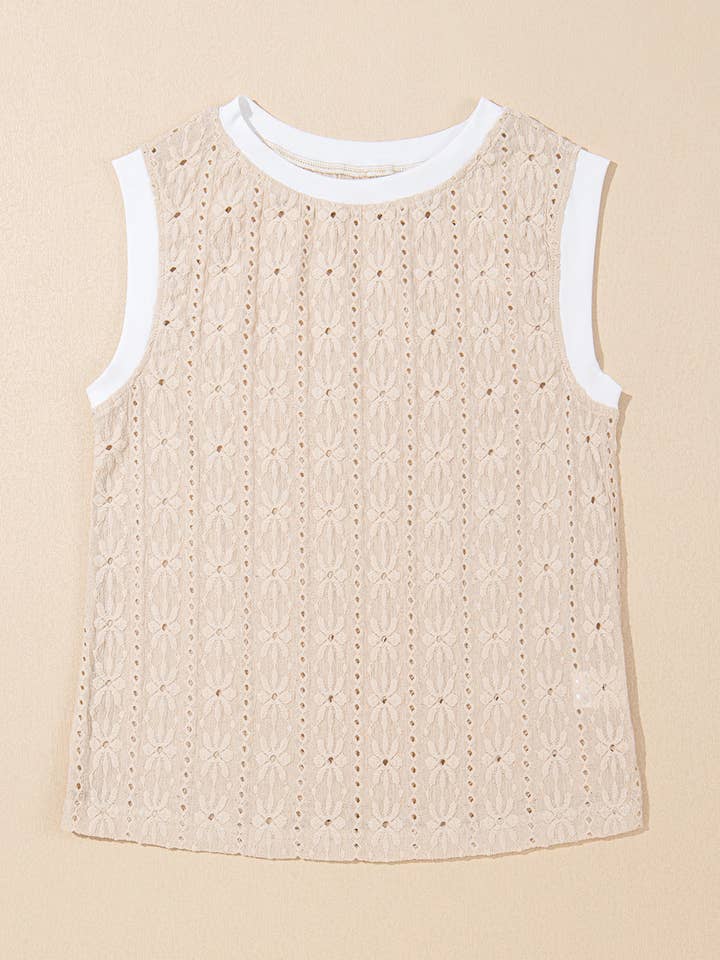 Oatmeal Floral Textured Crew Neck Tank Top for wholesale on Faire2