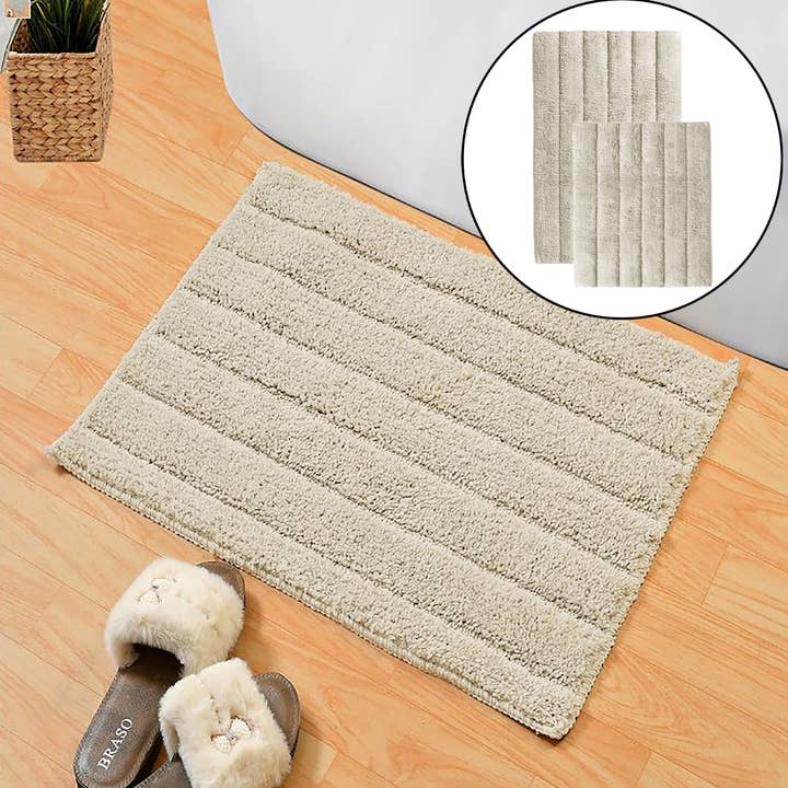 home mart goods – wholesale Bath mat set – 2 Piece Bath Mat Set - Ivory Solid Striped Soft Plush