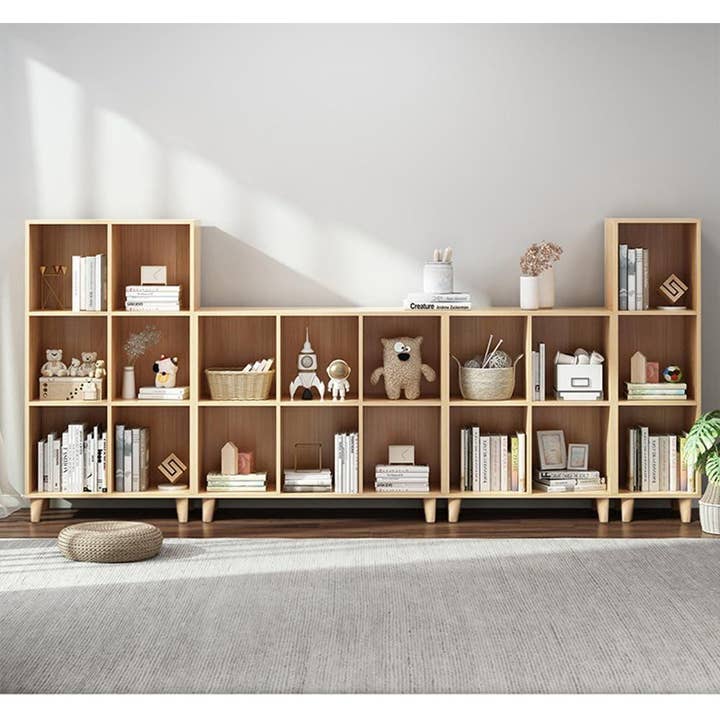 Open Cube Low Bookcase 3 Tier Freestanding Oak Finish for wholesale on Faire7