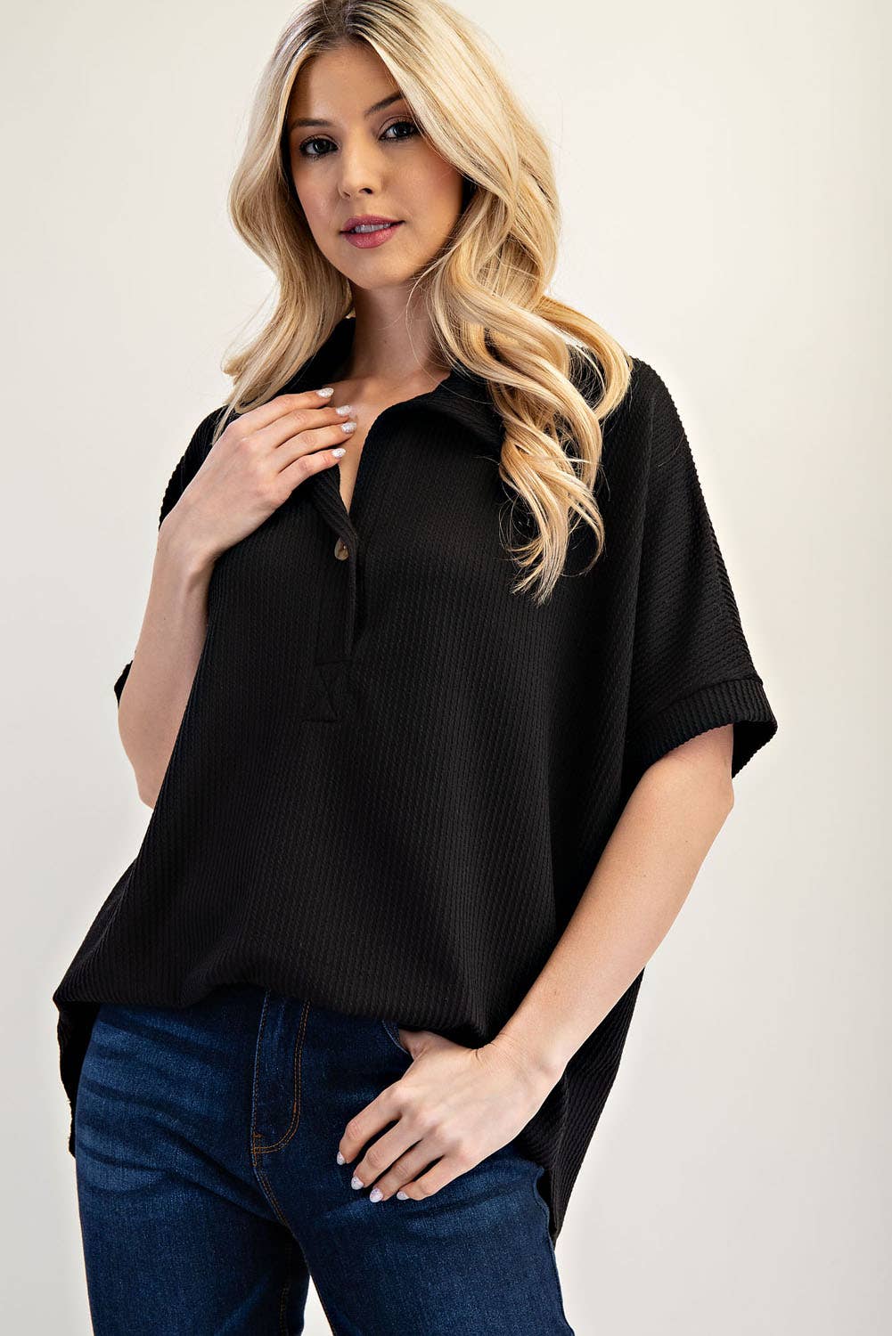 Celeste Clothing - Wholesale Knit Top - Women's - PLUS SIZE RIB KNIT COLLARED TOP WITH SHORT SLEEVES -CT239134