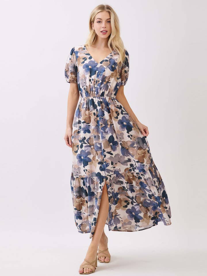 V-NECK BUTTON AND FRONT SLIT DETAILED MAXI DRESS - VGD42951 for wholesale by Calista