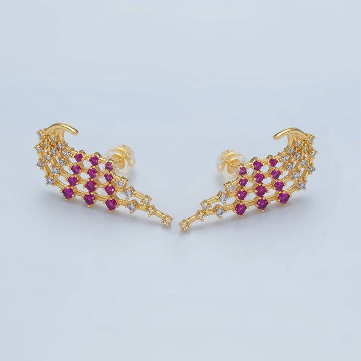 24K Gold Filled Fuchsia Clear CZ Multiple Curved Band Stud Earrings Set | AD737 for wholesale by Aim Eternal