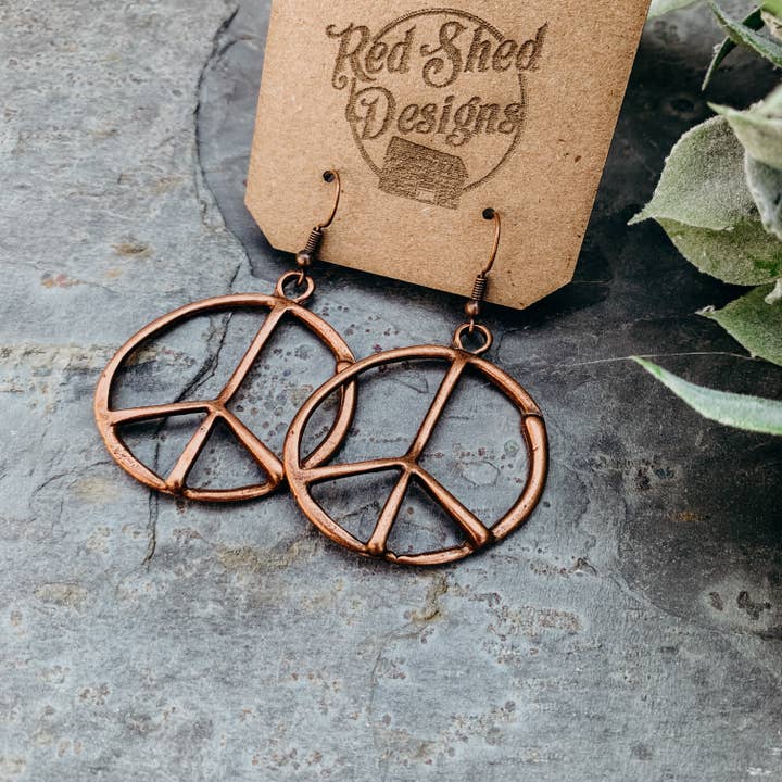 Antique Copper Bohemian Peace Sign Earrings – Handmade Boho for wholesale by Red Shed Designs