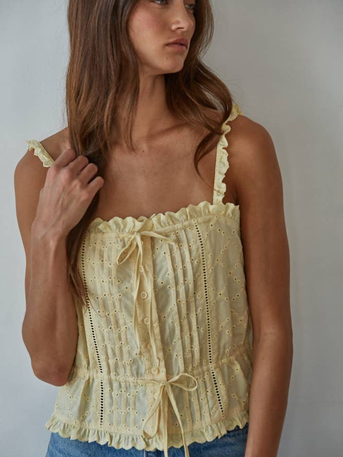 L8587 | Woven Cotton Eyelet Button Down Square Neck Top for wholesale by By Together