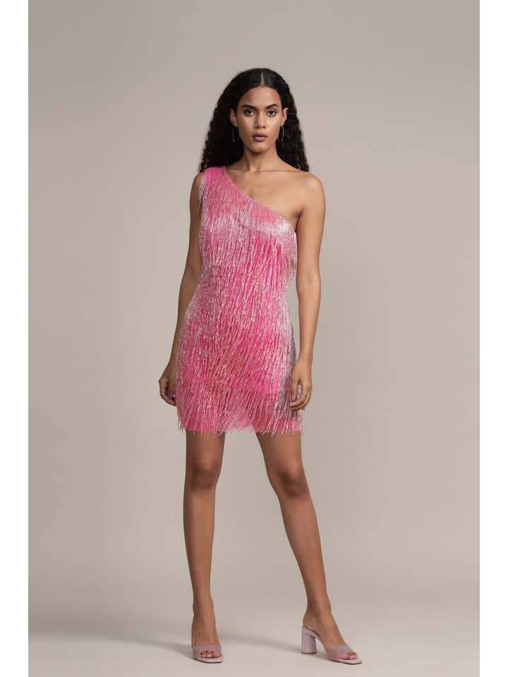 Athena Embellished Pink Fringe Mini Dress for wholesale on Faire
