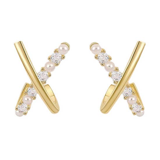 Crossed Faux Pearl Stud Earrings - Petite and Elegant for wholesale by FurDecoration