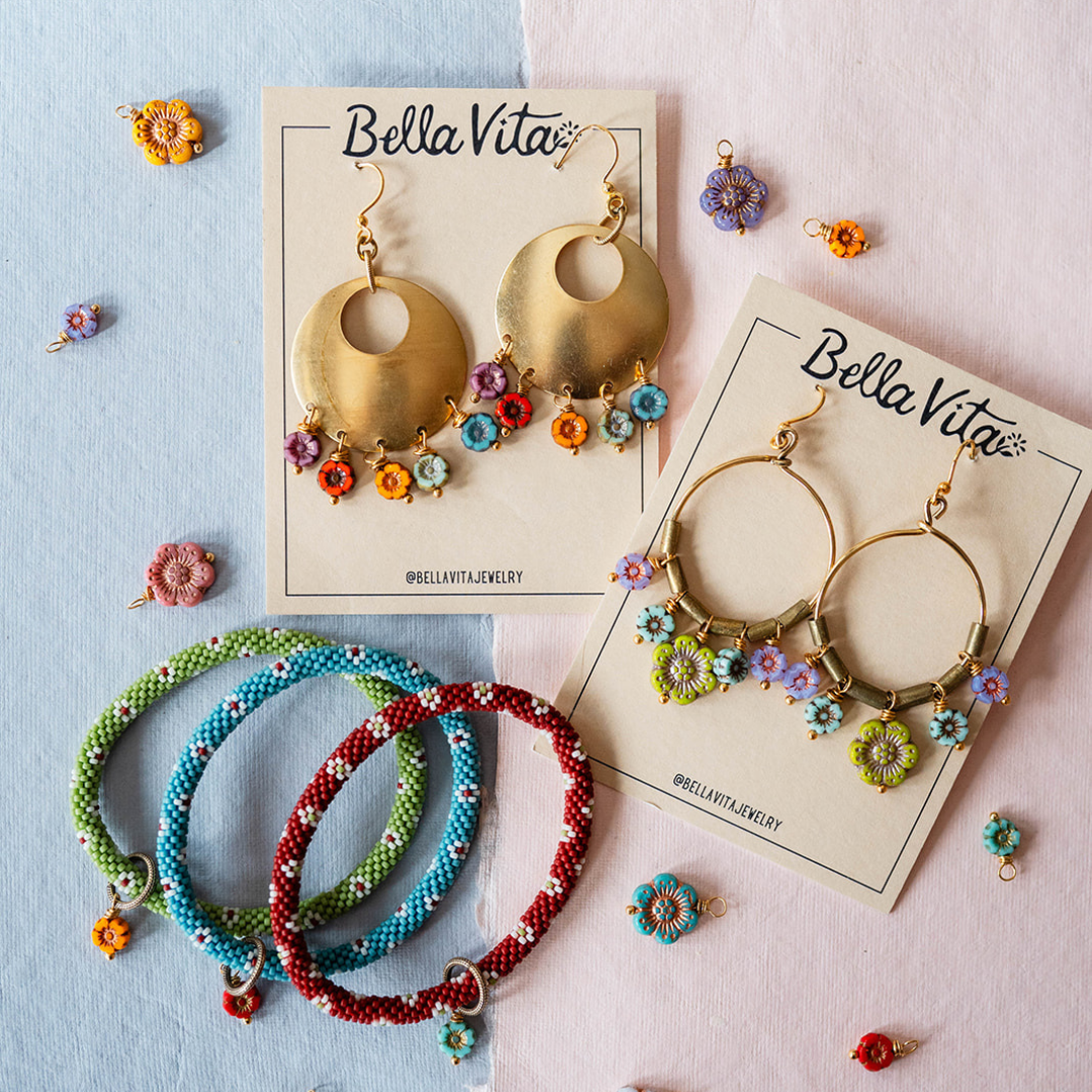 Bella Vita Jewelry - Wholesale Dangle Earrings - Flower Power | Bouquet Hoop Glass Flower Bead Earrings9