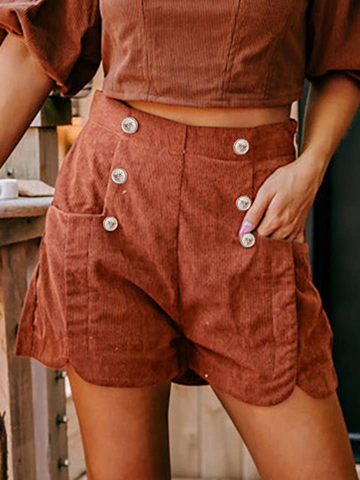 Clay Button Decor Scalloped Edge High Waist Corduroy Shorts for wholesale by Lovesoft