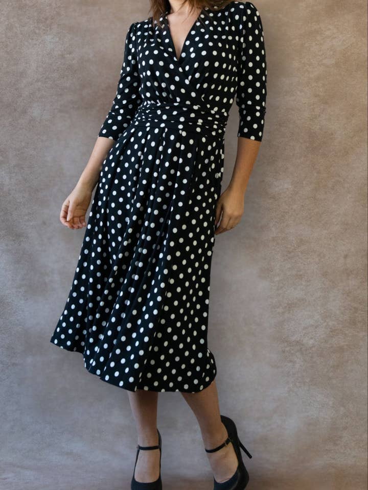 Evelyn Polka Dot Wrap Midi Dress 3/4 Sleeve V-Neck Pockets Elegant for wholesale by ANNICK