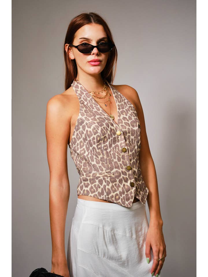 37014T - Leopard Soft Twill Pattern Halter Neck Vest for wholesale on Faire3