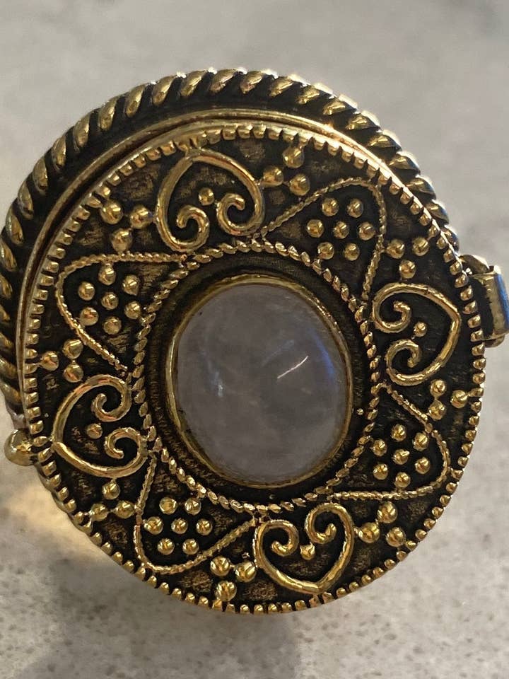 Vintage Rainbow Moonstone Brass Poison Pillbox Ring for wholesale by Nemesis Jewelry NYC