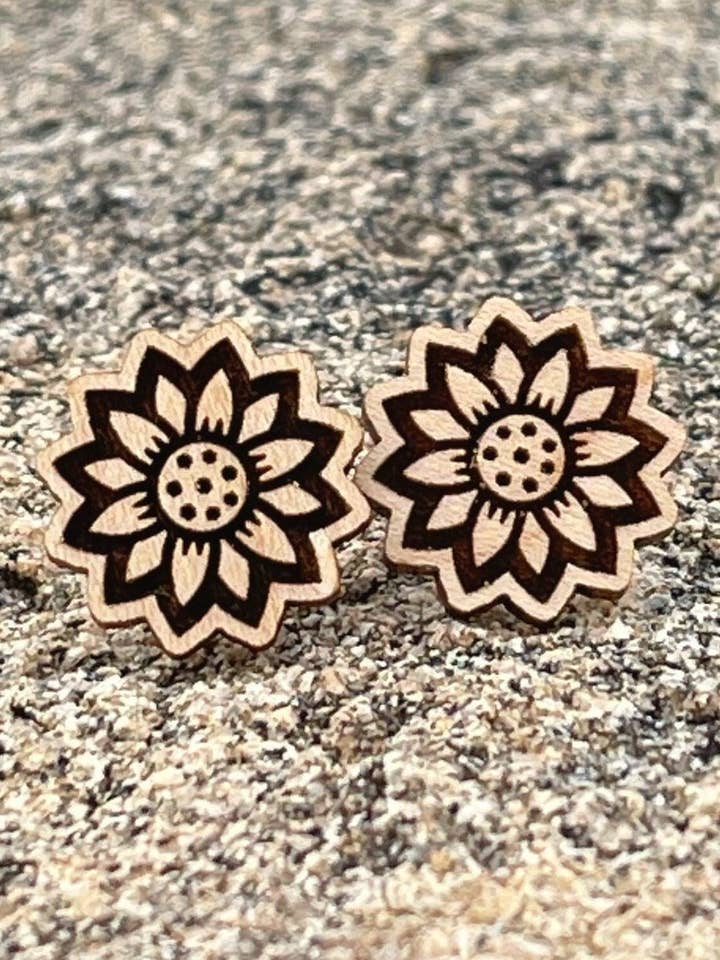 Boho Flower Stud Earrings, Sunflower Wood Stud Earrings, Southwest Stud Earrings, Sunflower Stud Earrings, Wildflower Stud Earrings for wholesale by Charlie James Artisan Boutique