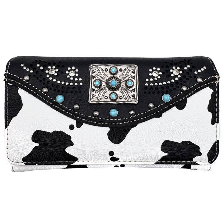 Rectangle Concho Cow Print Western Crossbody Wallet for wholesale by Lunar Deer
