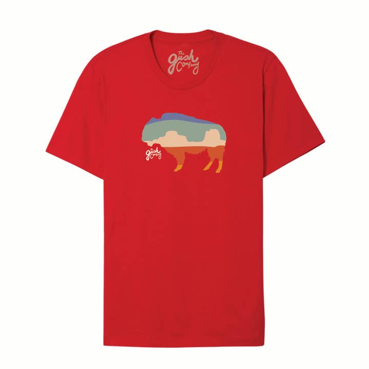 Sunset Bison Tee - Heather Red for wholesale by The Gush Company