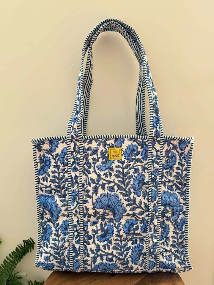 Blockprinted Cotton Tote Bag with pockets (Blue Vine) for wholesale by House of Mulmul LLC