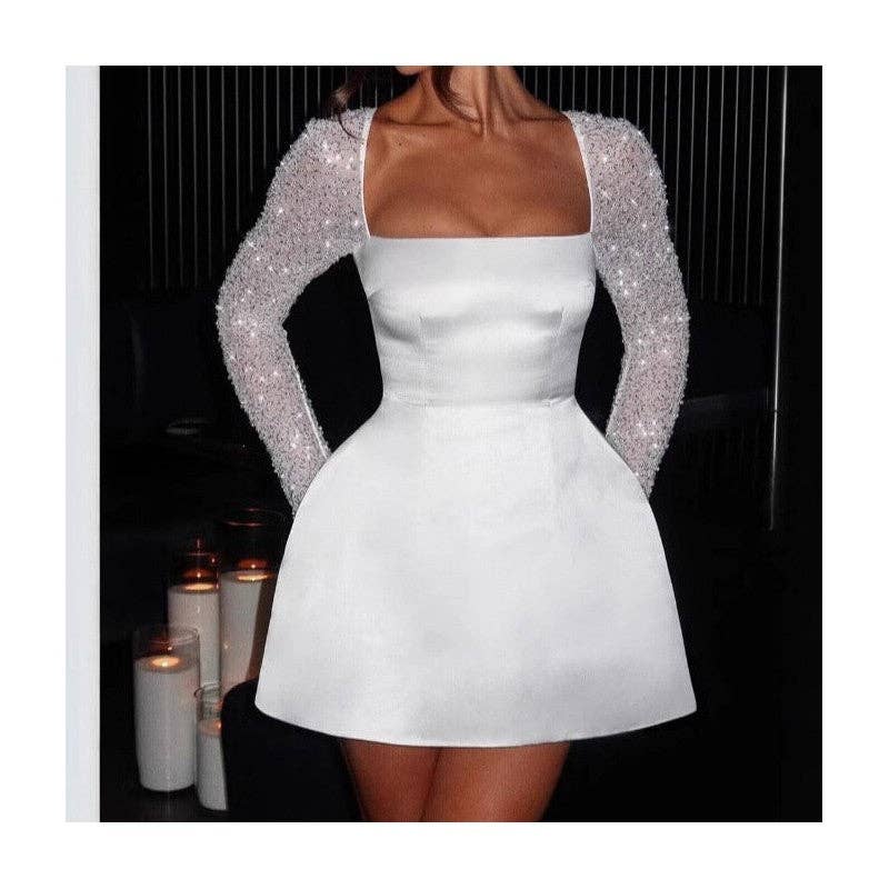 Sheer Trend - Wholesale Dress - Women's - Solid Square Neck Lace Trim A-Line Short Sleeveless Dress0