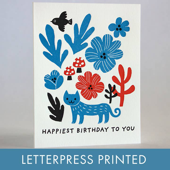 Happiest Birthday Cat Letterpress Greeting Card by Fugu Fugu for wholesale by Egg Press Manufacturing