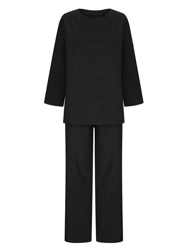 Plush Looks - Venta al por mayor Conjuntos de top y pantalón (NO para estar en casa) - Mujer - Conjunto de camisas holgadas de manga larga con cuello redondo y pantalones con cordón en la parte inferior de dos piezas