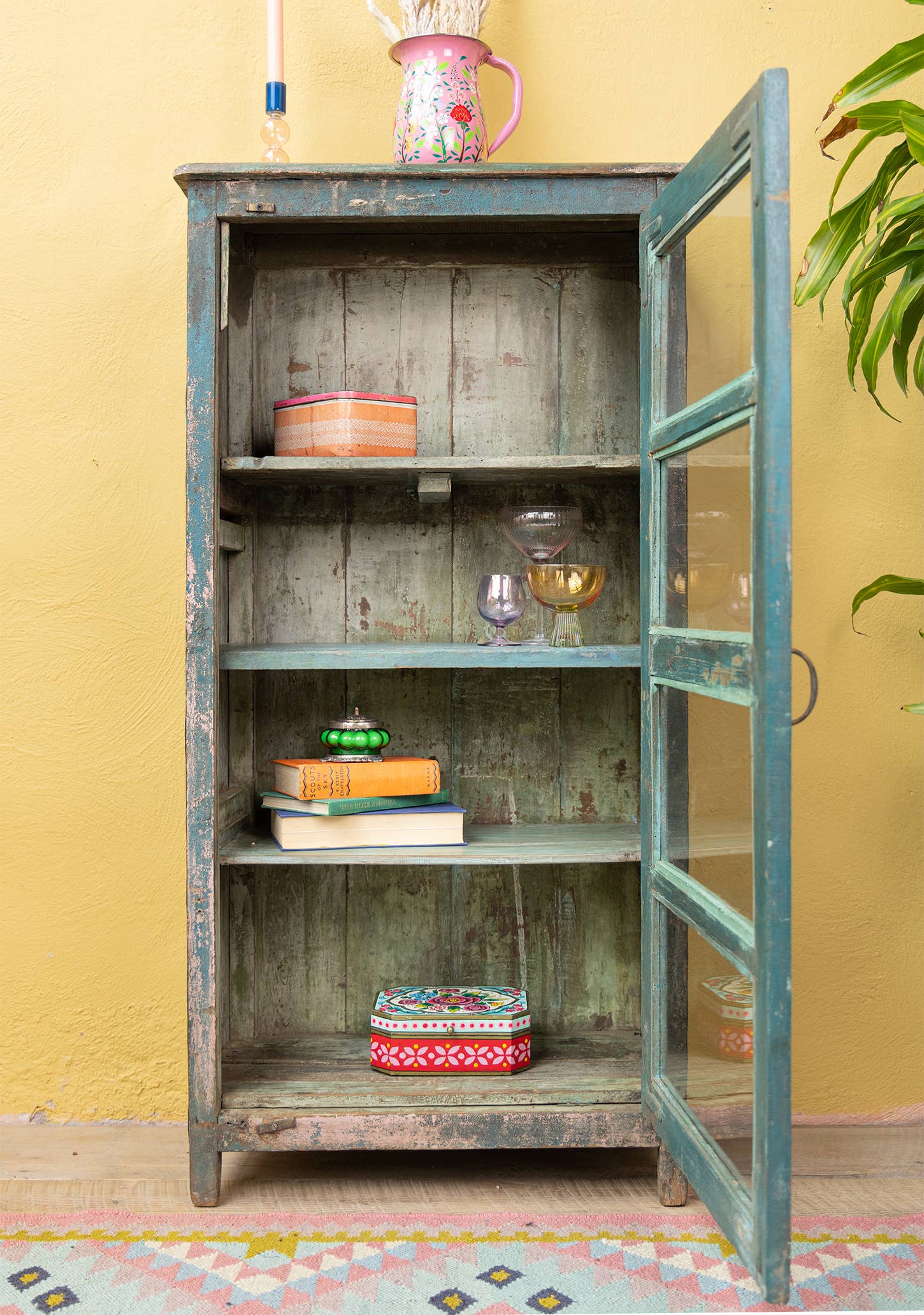 Namaste – wholesale Cabinet – Distressed Vintage Teal Wood & Glass Door, 3 Shelf Cabinet1