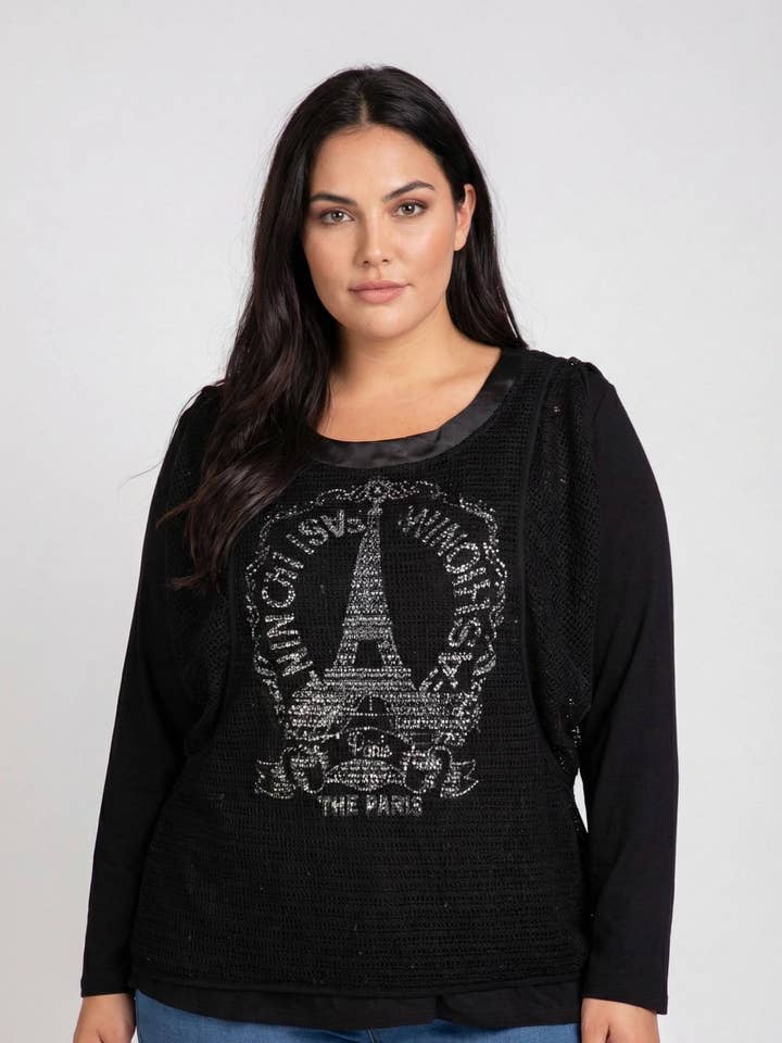 Set van bedrukt T-shirt + opengewerkt vest in grote maat (A553) voor wholesale door Pomme Rouge Paris