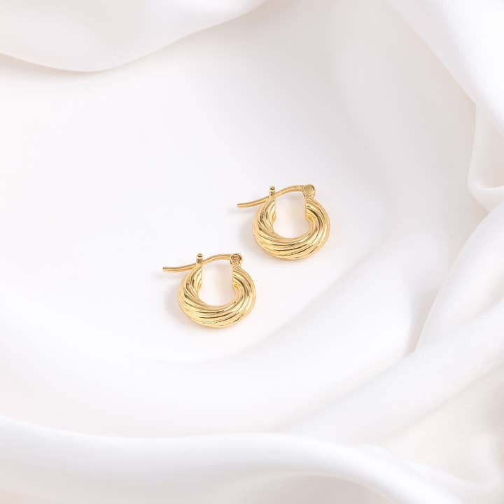 Ribbed Twisted Gold 8mm Hinged Huggie Earrings for wholesale by Wanderlust + Co