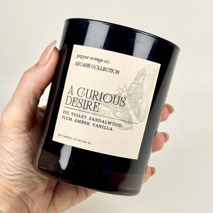 A Curious Desire 10 oz Candle Jar | Fig, Violet, Plum, Sandalwood, Plum, Amber, Vanilla | Dark Academia Soy Candle for wholesale by Pepper Cottage Co. Candles