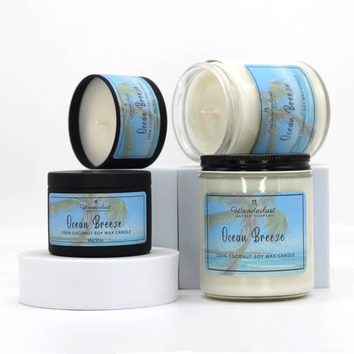 Ocean Breeze Scented Soy Candle for wholesale by Wanderlust Candle Company