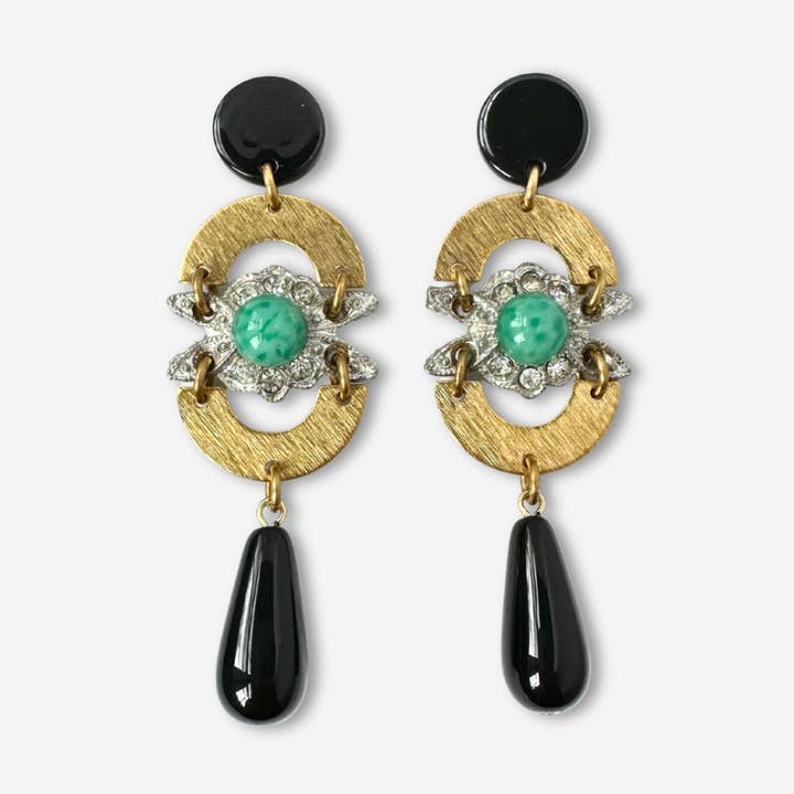 Refashioned vintage black, green, brass, and rhinestone assemblage earrings for wholesale by Lulu’s Petals