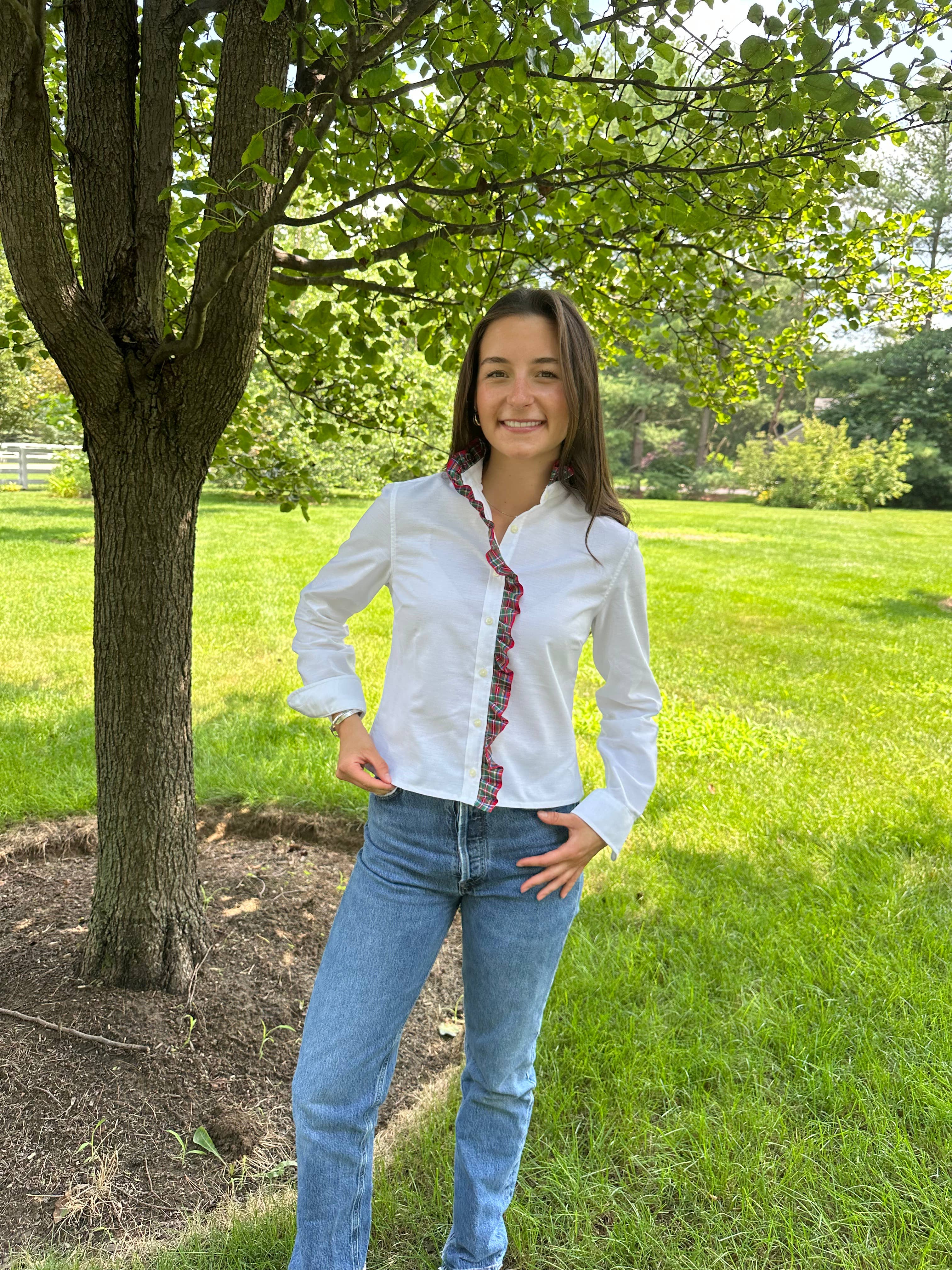 Sophia Holiday Ribbon Untucked Oxford - White w Red Plaid for wholesale on Faire3