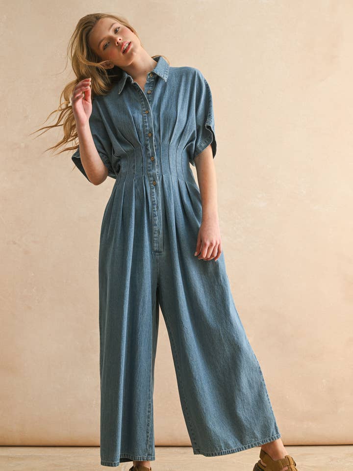 JU5542 CHAMBRAY DENIM BUTTON DOWN JUMPSUIT for wholesale by MIOU MUSE