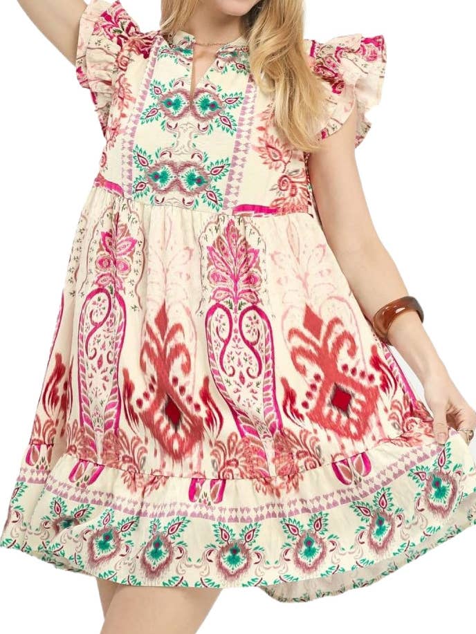 Mix Ruffle Sleeve Boho Print Dress for wholesale by Vanilla Monkey