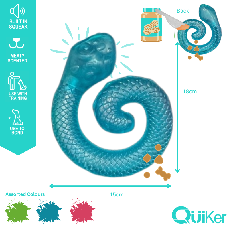 Quiker Pet Products - Vente Jouet couineur – chien - Lot de 6 serpents jouets pour chien en TPR parfum viande, jouet enroulé avec cache friandises2