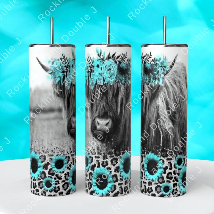 Rockin K and Double J - Wholesale Insulated mug/tumbler - Flower Highland Cow Tumbler