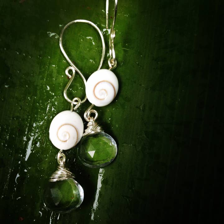 Eye Of Shiva Shell And Aqua Sky Blue Topaz Earrings // Healing Gemstones // Wire Wrapped Jewelry // Handmade In Hawaii With Love // for wholesale by Treehouse Jewelry Hawaii